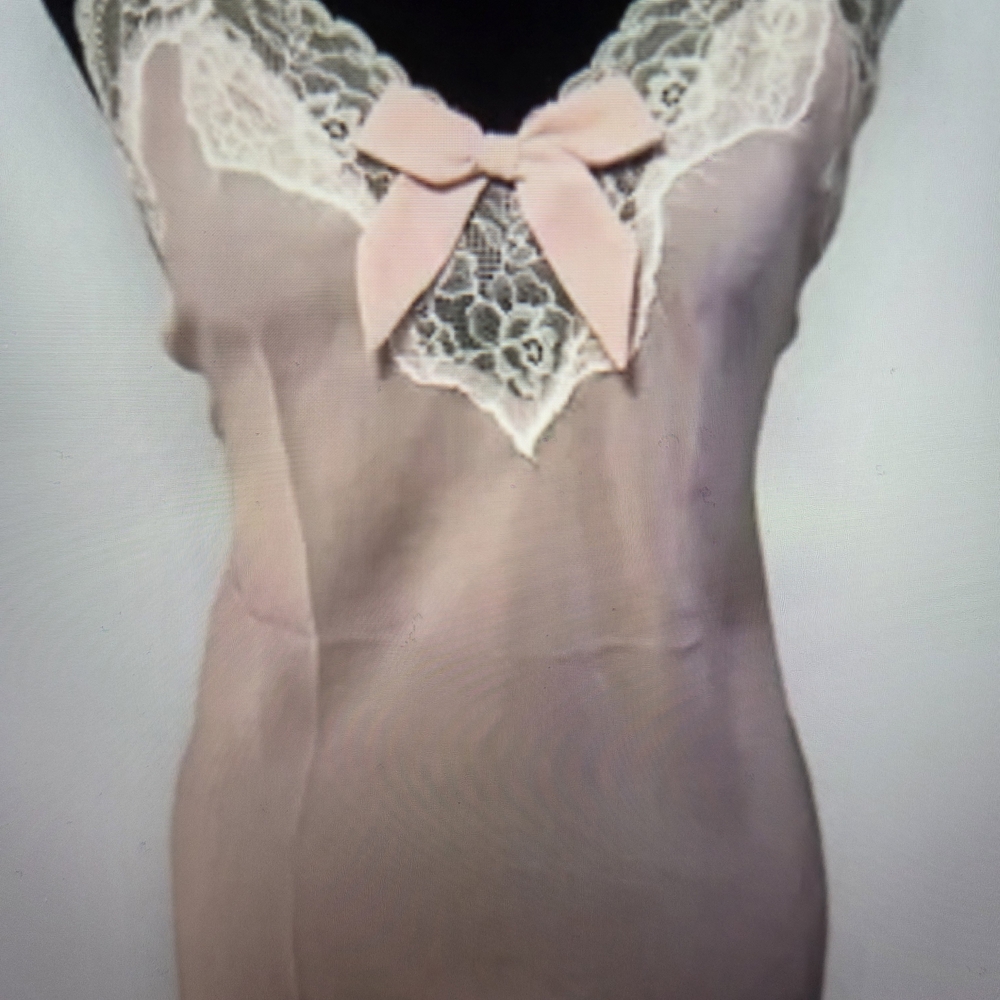 Adore Me Pink and White Chemise with Scalloped Lace and Bow Details
